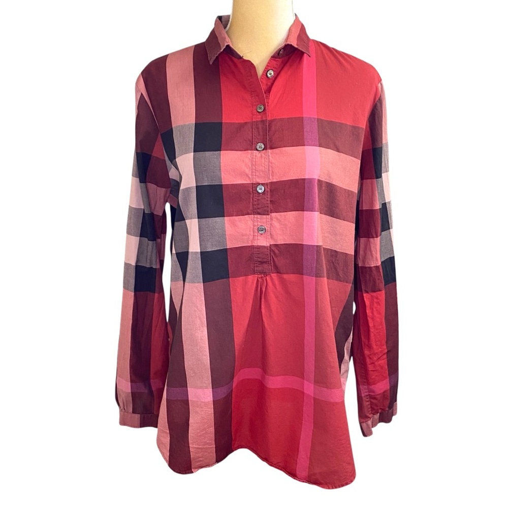 Burberry Brit Women's Red Nova Check Plaid Popover Tunic Top XL - Picture 3 of 13